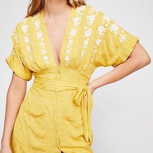 Free People Yellow Maxi Dress with White Embroidery - Size S